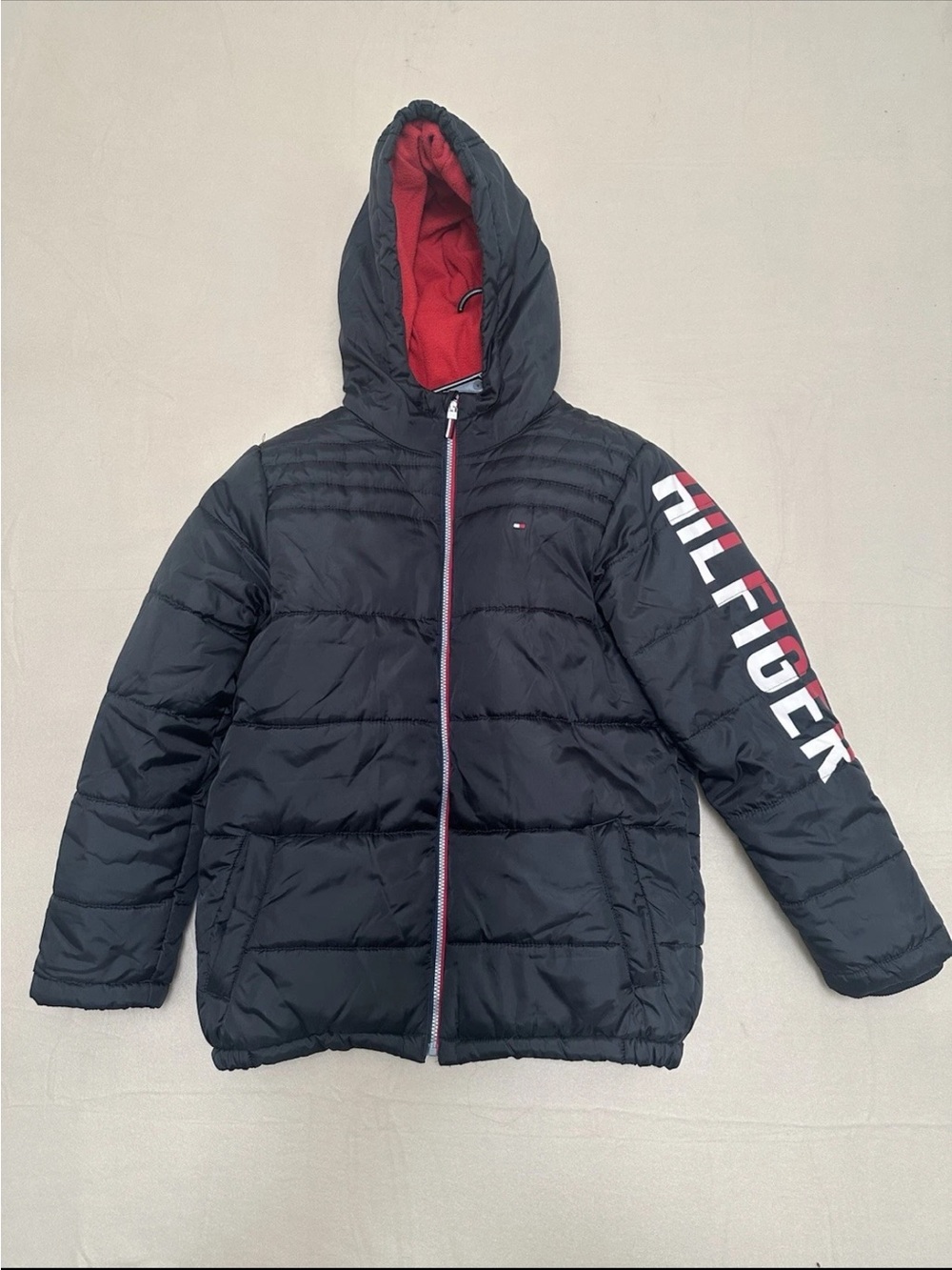 Tommy Hilfiger Puffer Jacket Mens XL Black Hooded Logo Winter Coat
